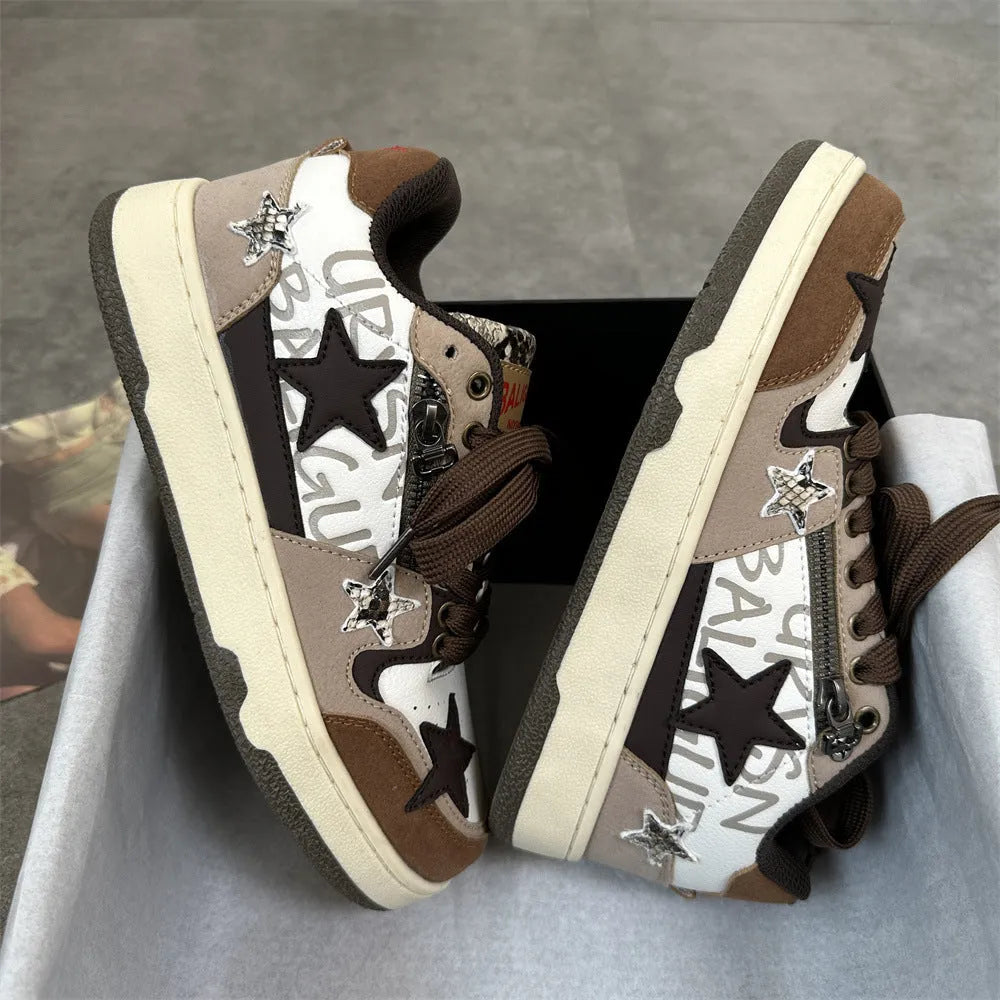 Brown low-top sneakers with candy-colour pattern, artificial PU upper, and rubber sole