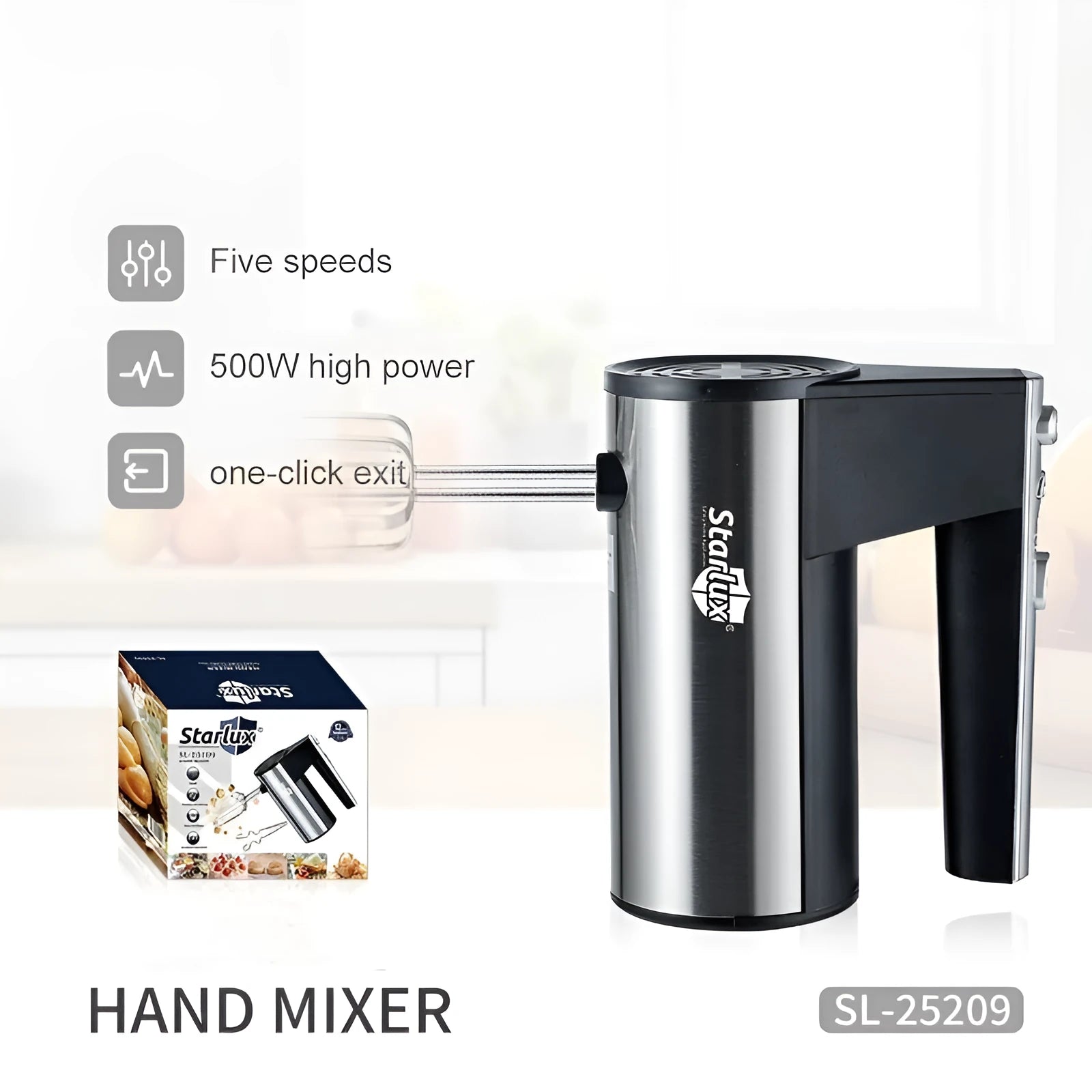 SL-25209 coloured hand-held electric whisk with 500W power and 5-speed settings