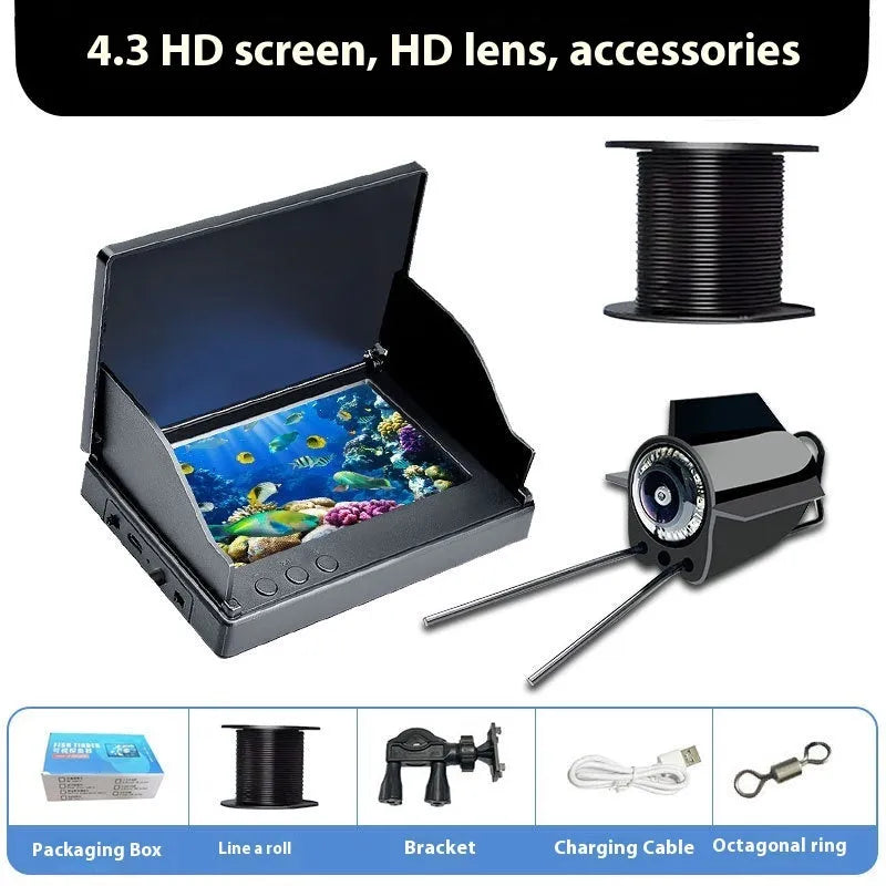 Underwater HD fish finder camera system with screen, featuring a wide-angle lens, night vision lights, and temperature sensor.