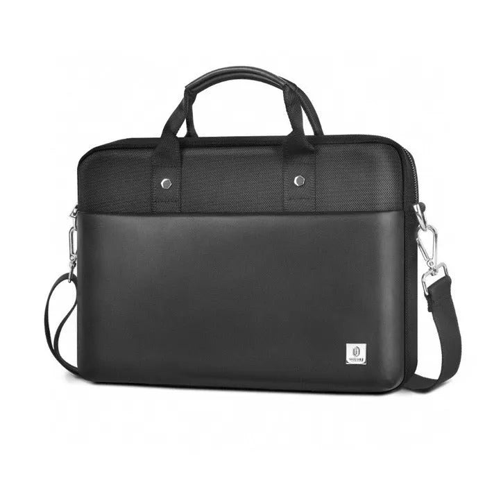 Black Oxford cloth laptop backpack showing multiple compartments and a lock, suitable for 14-inch or 15.6-inch devices.