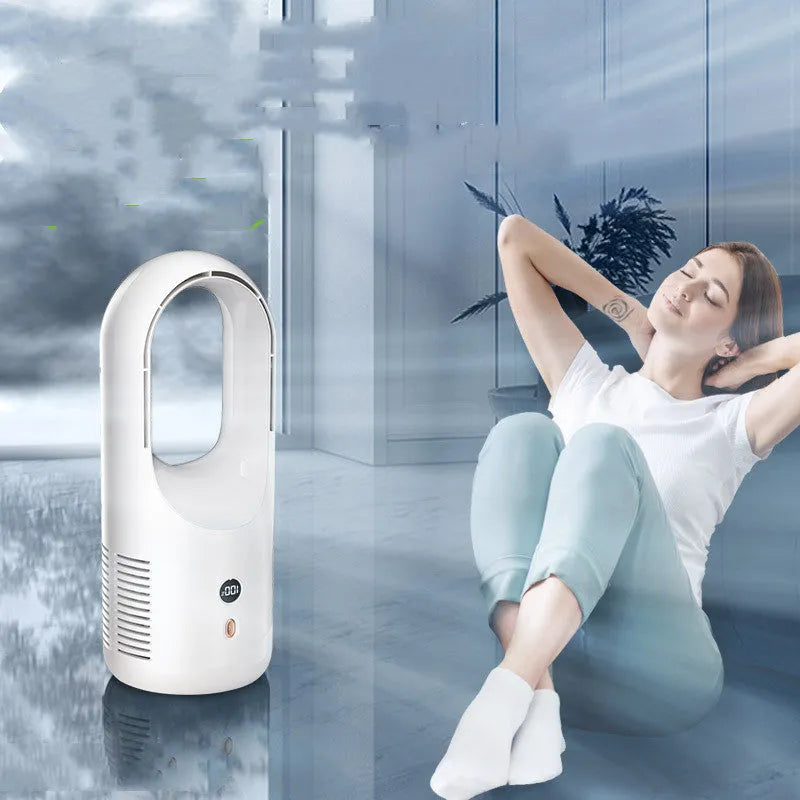 White USB rechargeable bladeless desktop fan with LED display on a wooden desk.