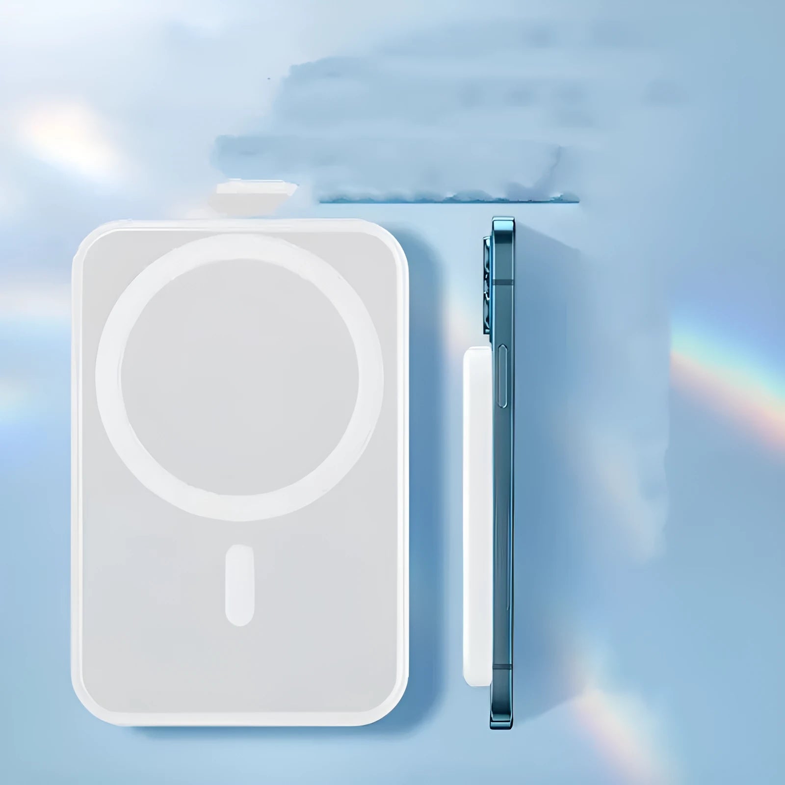 White magnetic wireless charger power bank with 5000mAh capacity measuring 100mm x 65mm