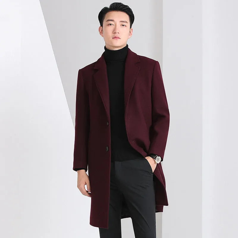Men's slim-fit Korean-style mid-length wool coat in solid colour with side seam pockets, straight hem, black option