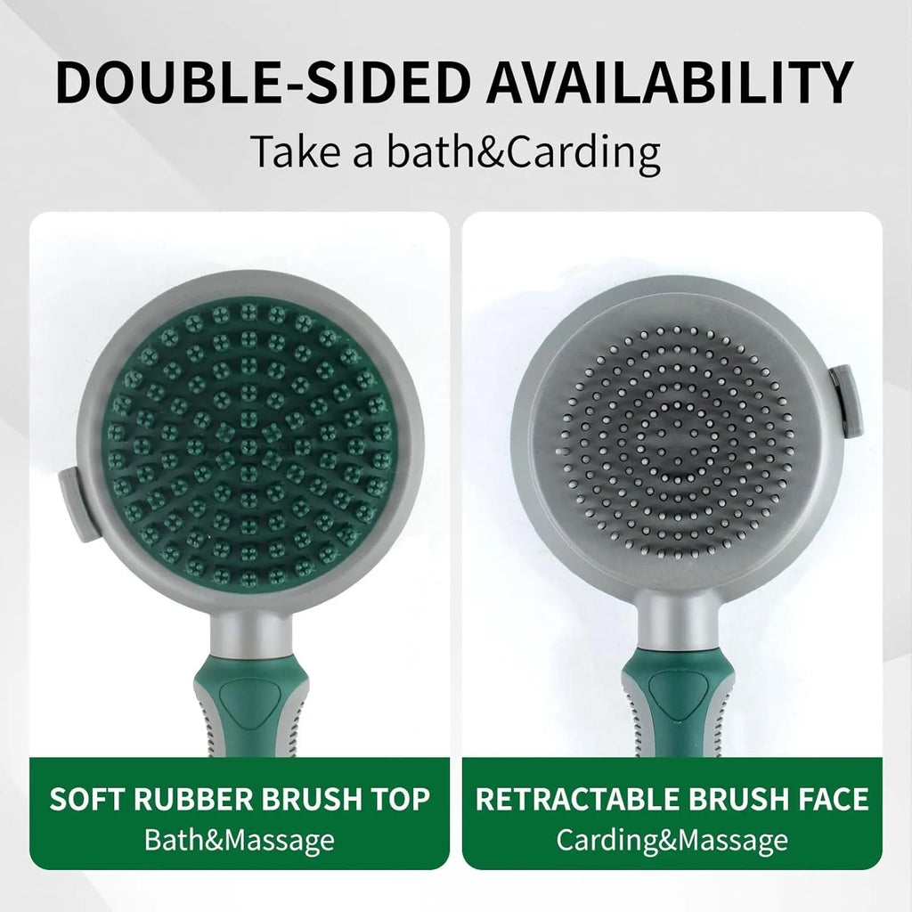Green two-sided cat grooming brush with retractable slicker and silicone massager head