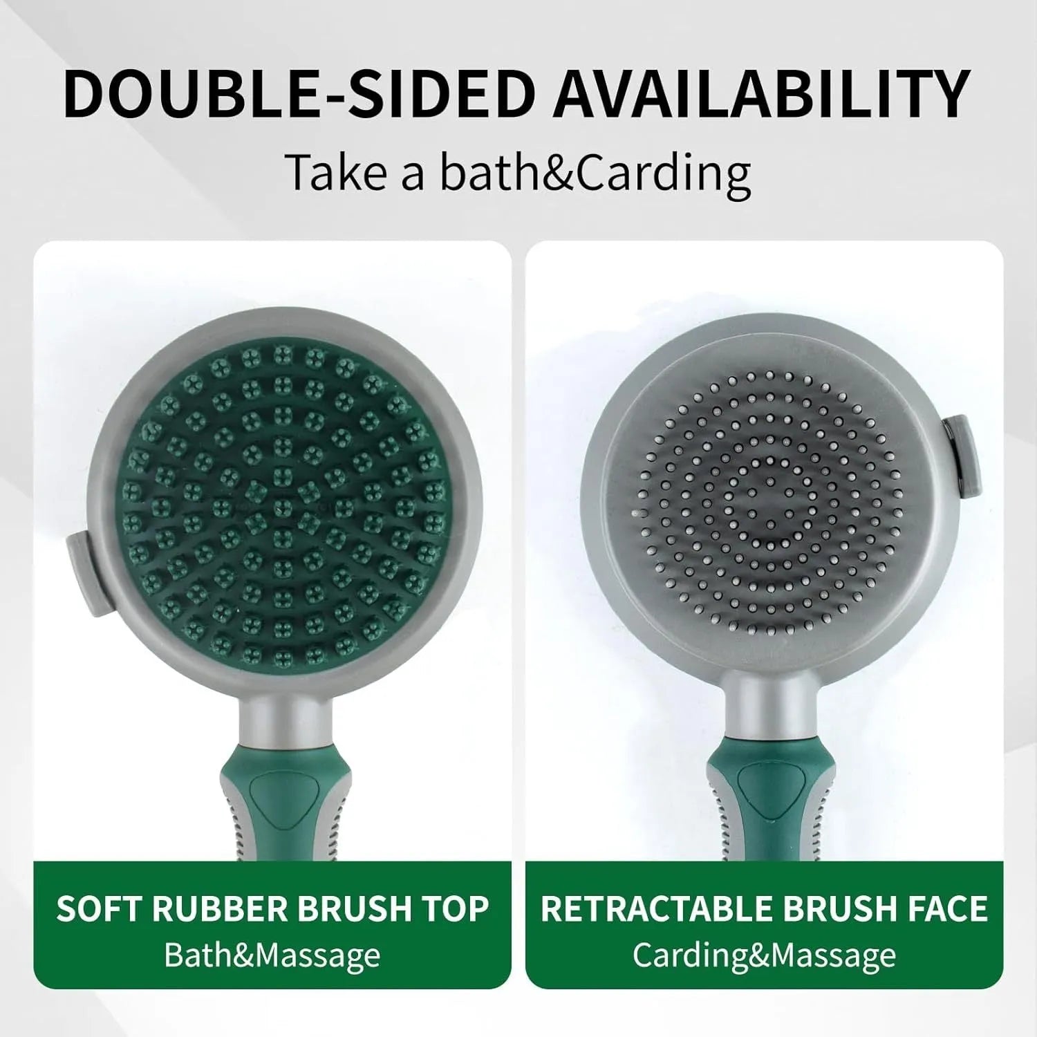 Green two-sided cat grooming brush with retractable slicker and silicone massager head