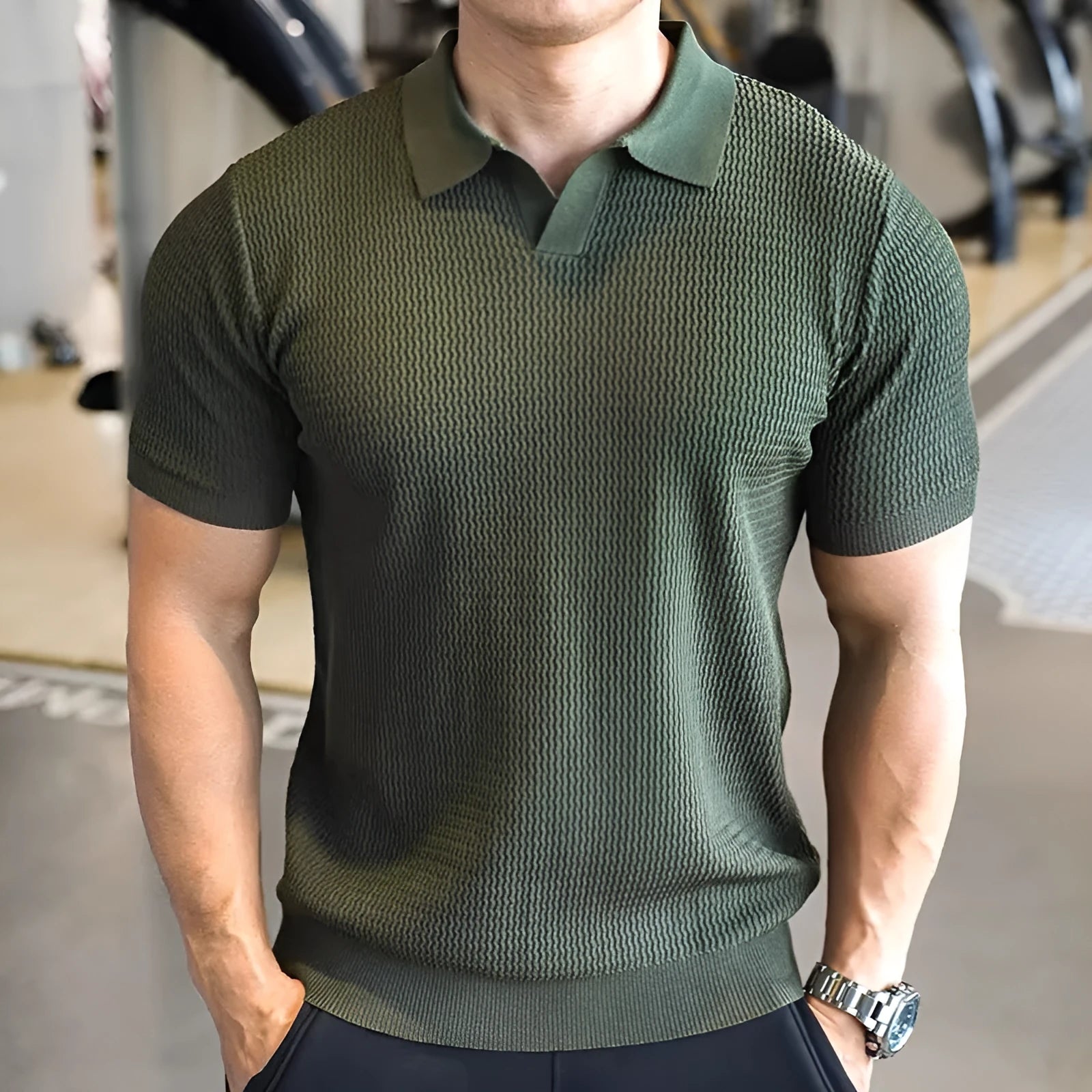 Men's slim fit button-down Henry collar sports polo shirt in solid colours