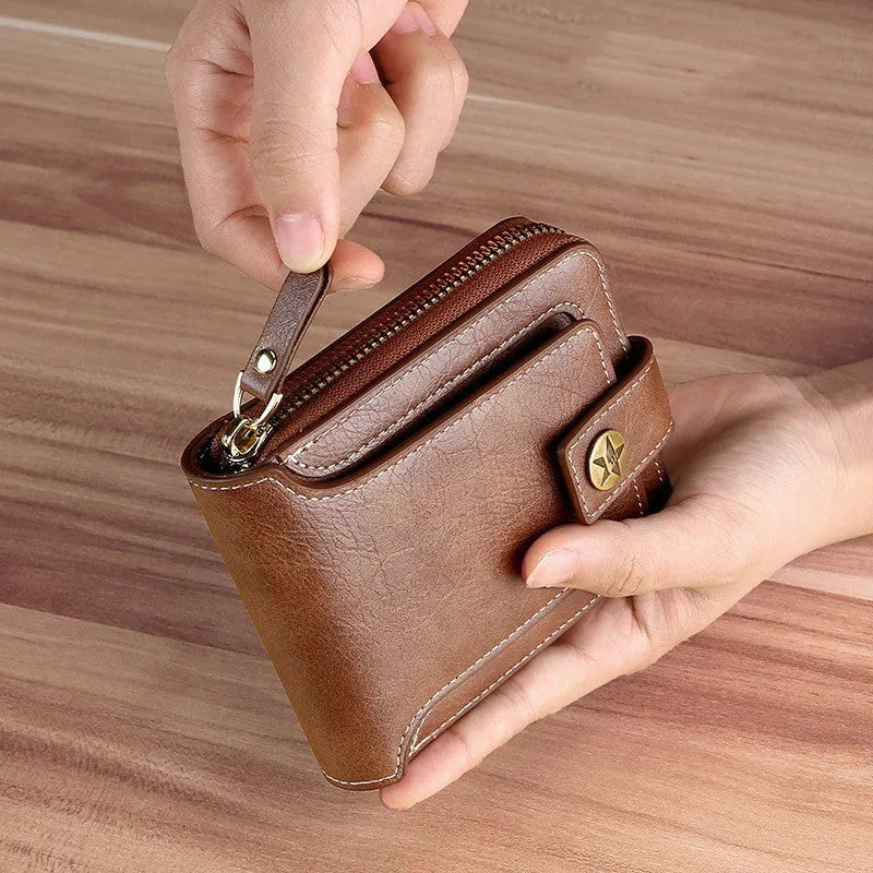 Men's 2 fold short style wallet in three colour options: light brown, black, and dark brown