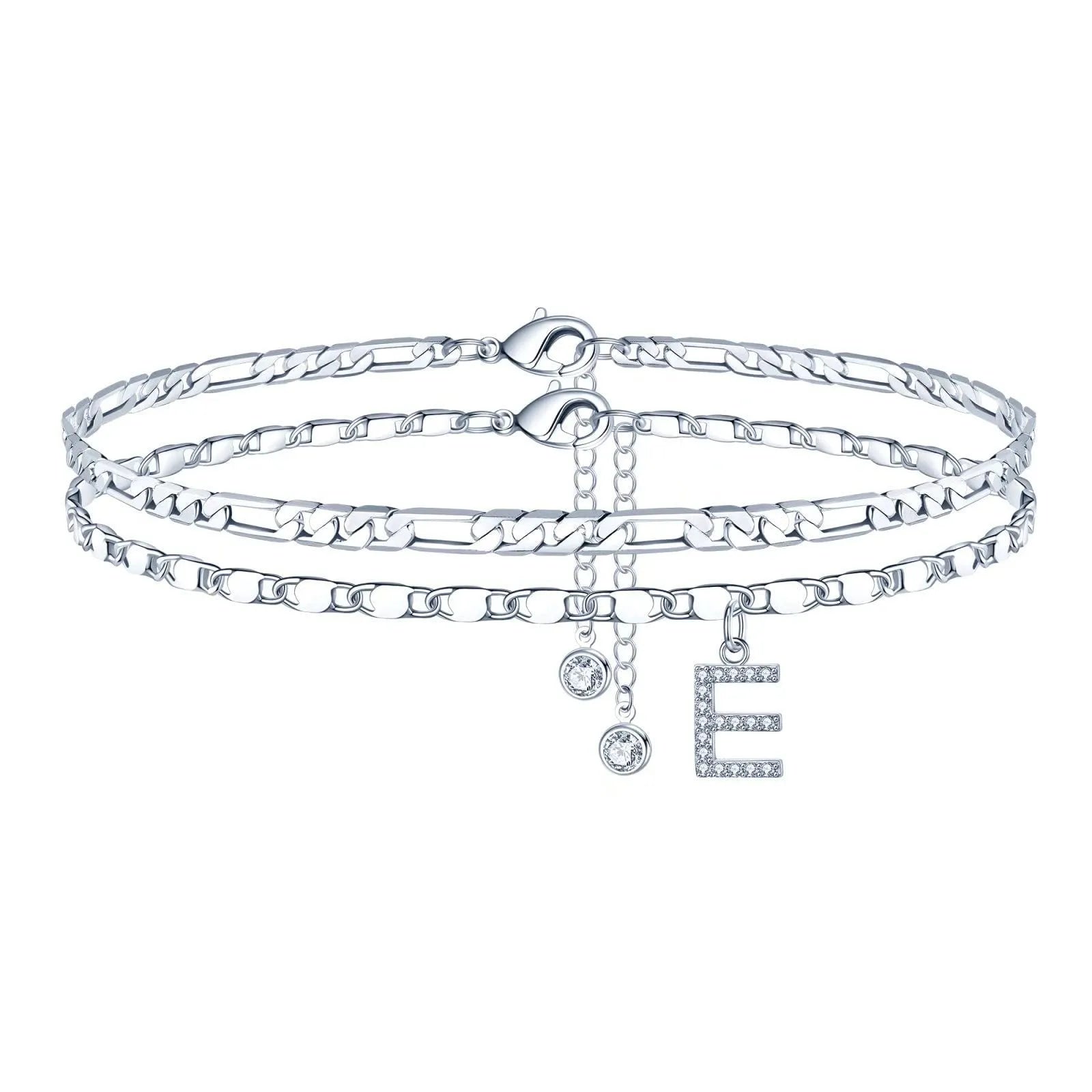 Silver-coloured copper anklet with a double-circle bead engraved with a letter.