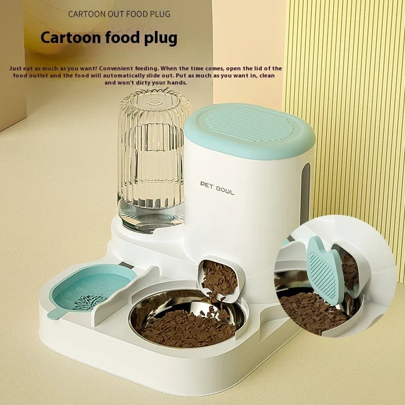 Automatic cat water fountain with integrated stainless steel double feeding bowl in avocado green colour