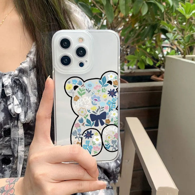 Bear flower TPU phone case for iPhone, back cover with playful bear pattern