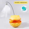 Electric plastic cat tumbler toy with a teasing stick in lemon yellow, blue, or grey.