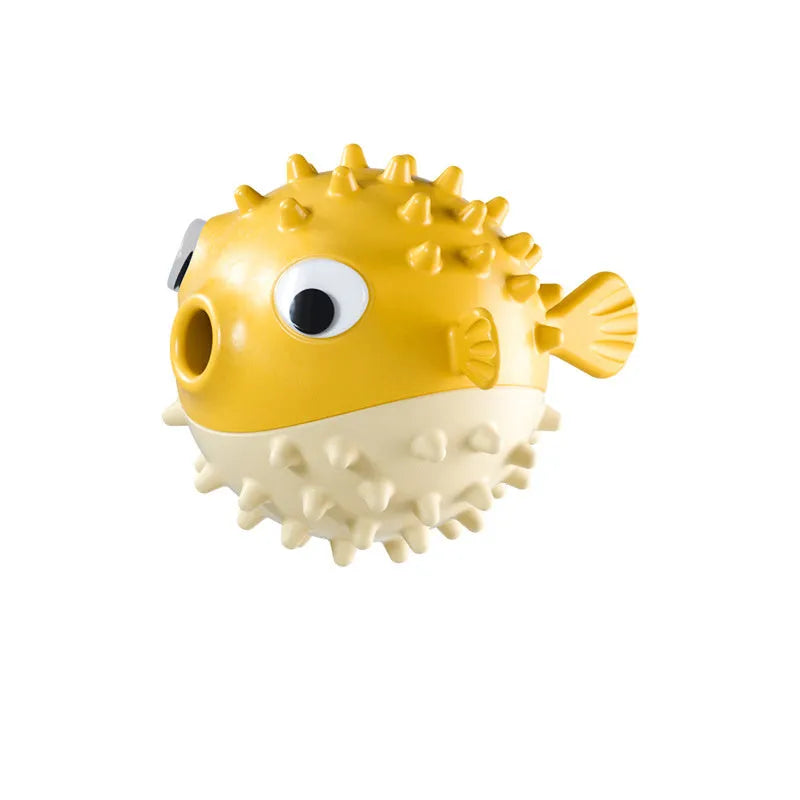 Fish shaped TPR interactive dog chew toy with treat dispensing slot and textured surface