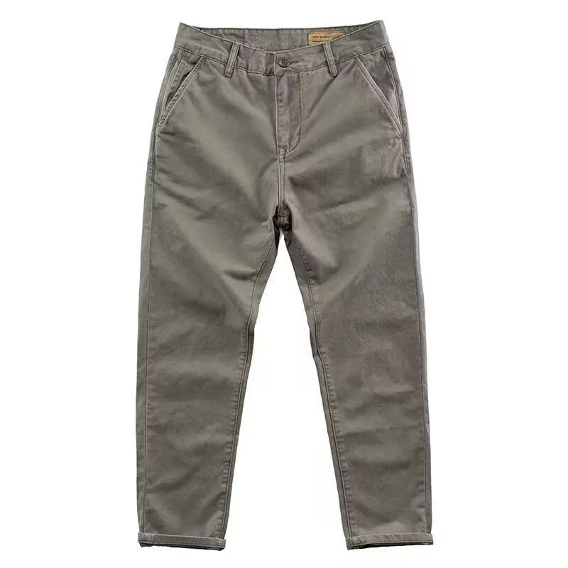 Men's slim washed casual trousers in micro elastic fabric, straight leg cut, shown in black, gray, khaki, navy blue