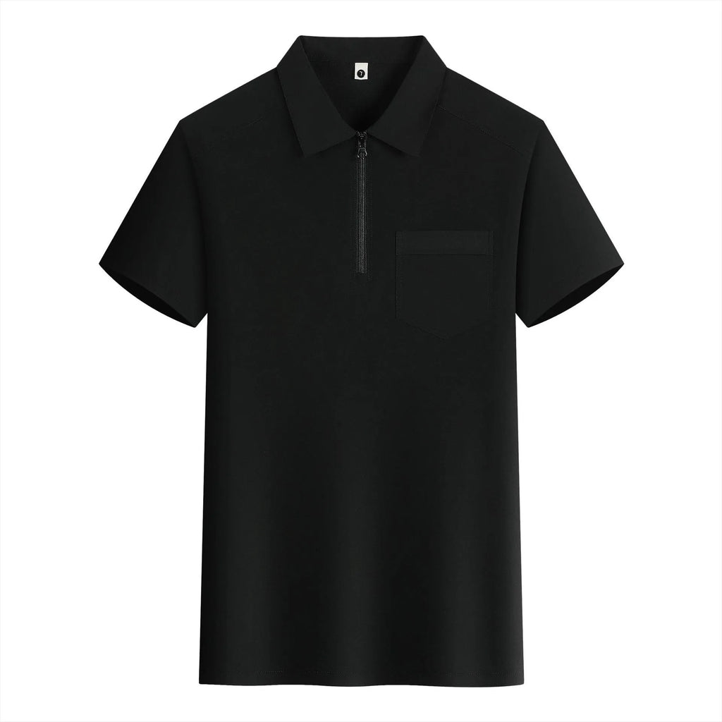 Short sleeve grey nylon advertising shirt with zipper pockets on the lapels