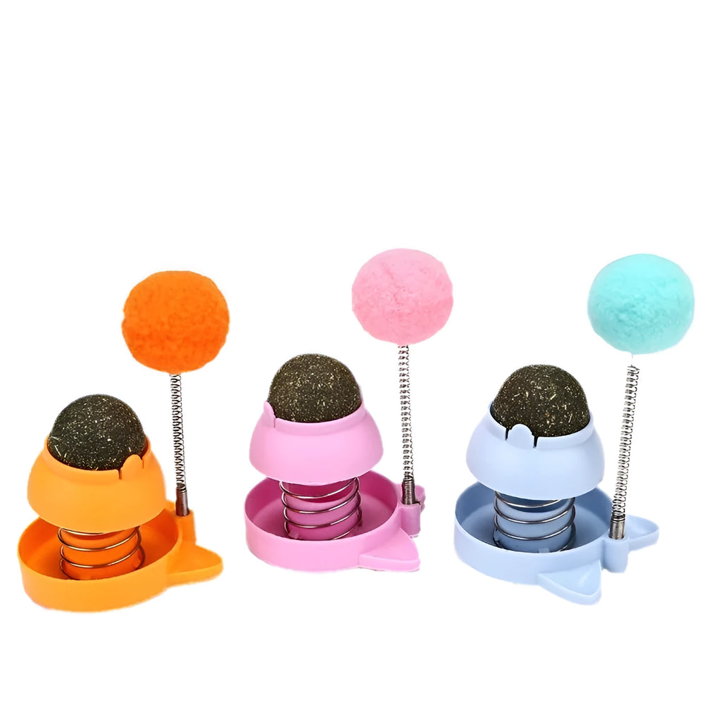Automated lucky cat cat toy with rotating mint ball in blue, orange and pink colours