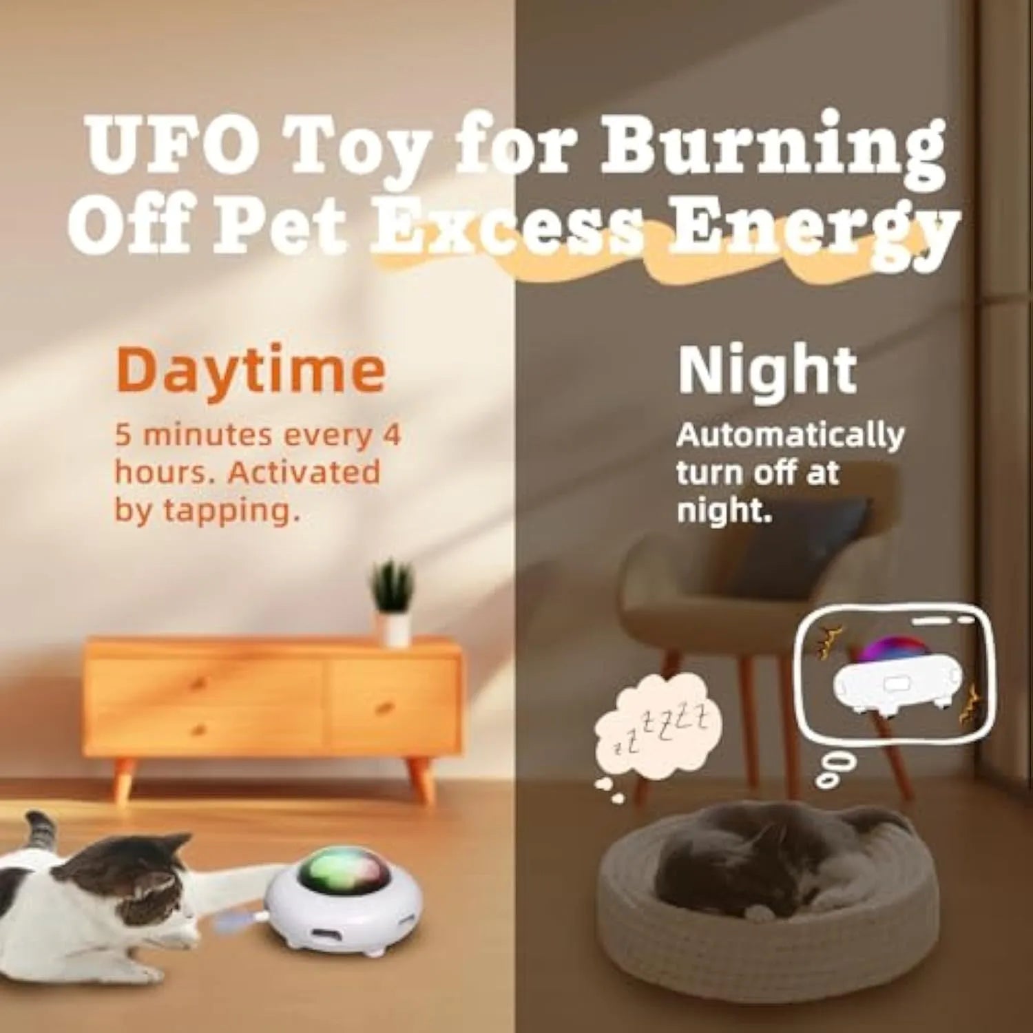 White USB rechargeable interactive cat toy with moving colourful feathers and LED lights