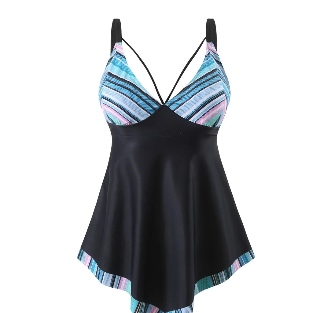 Plus size woman in a green two-piece backless bikini swimsuit for swimming.