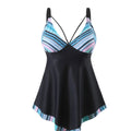 Plus size woman in a green two-piece backless bikini swimsuit for swimming.