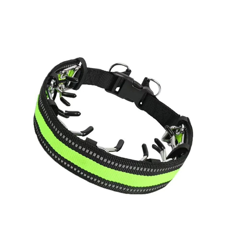 Dog training spike chain collar with a separate neck cover in reflective blue.