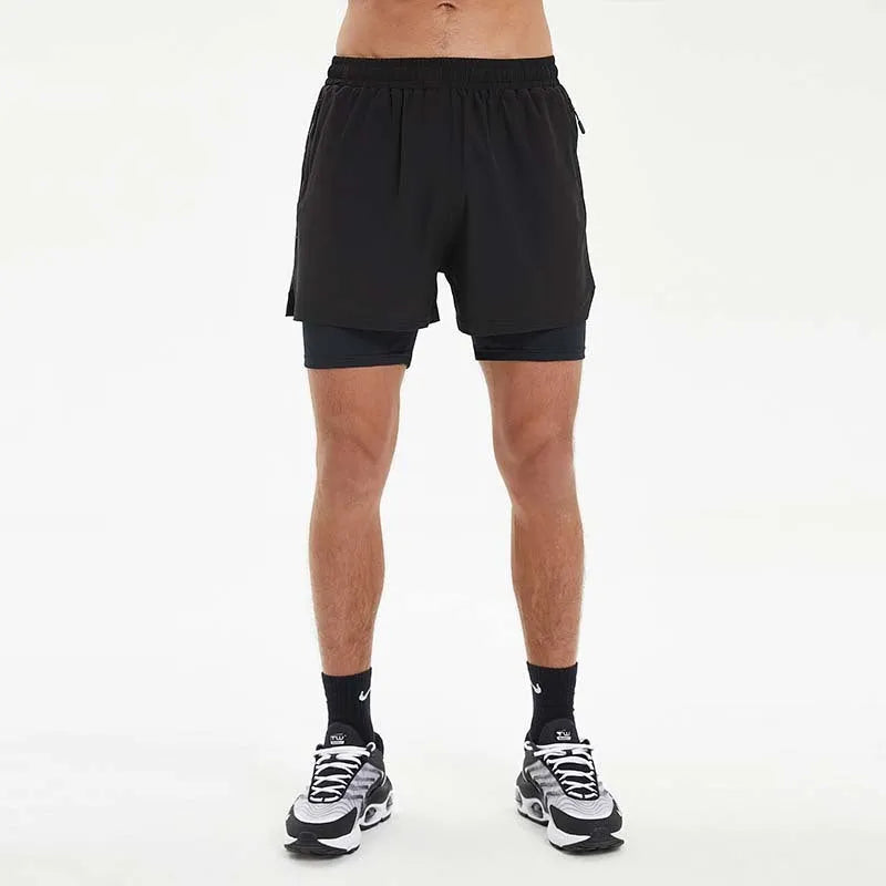 Men's black double-layer running shorts with a built-in liner for fitness training