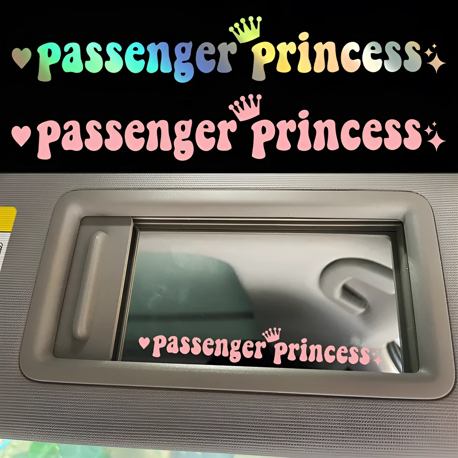 Passenger princess car sticker for rearview mirror in black, white, laser and pink colours