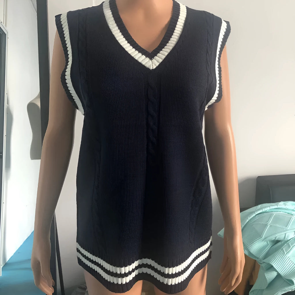 Women's V-neck striped stitching waistcoat sweater in slim fit acrylic knit