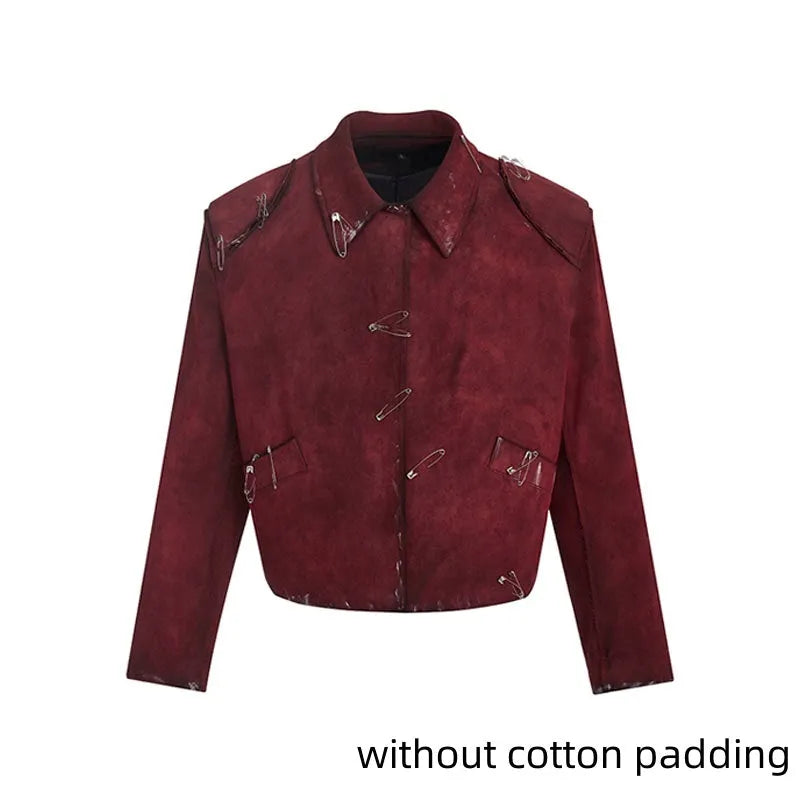 Red men's thick quilted decorative jacket with lapel collar shown in a loose fit style.
