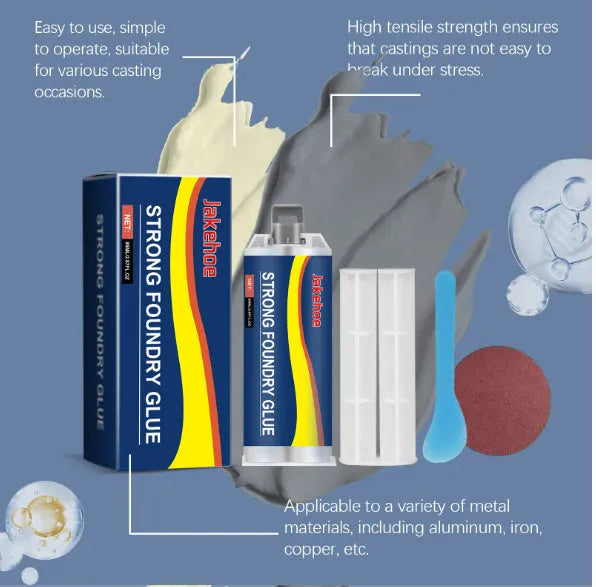 85ml two-part epoxy metal sealant cartridge with push rod, scraper, and sandpaper for stainless steel, copper, aluminium repairs.
