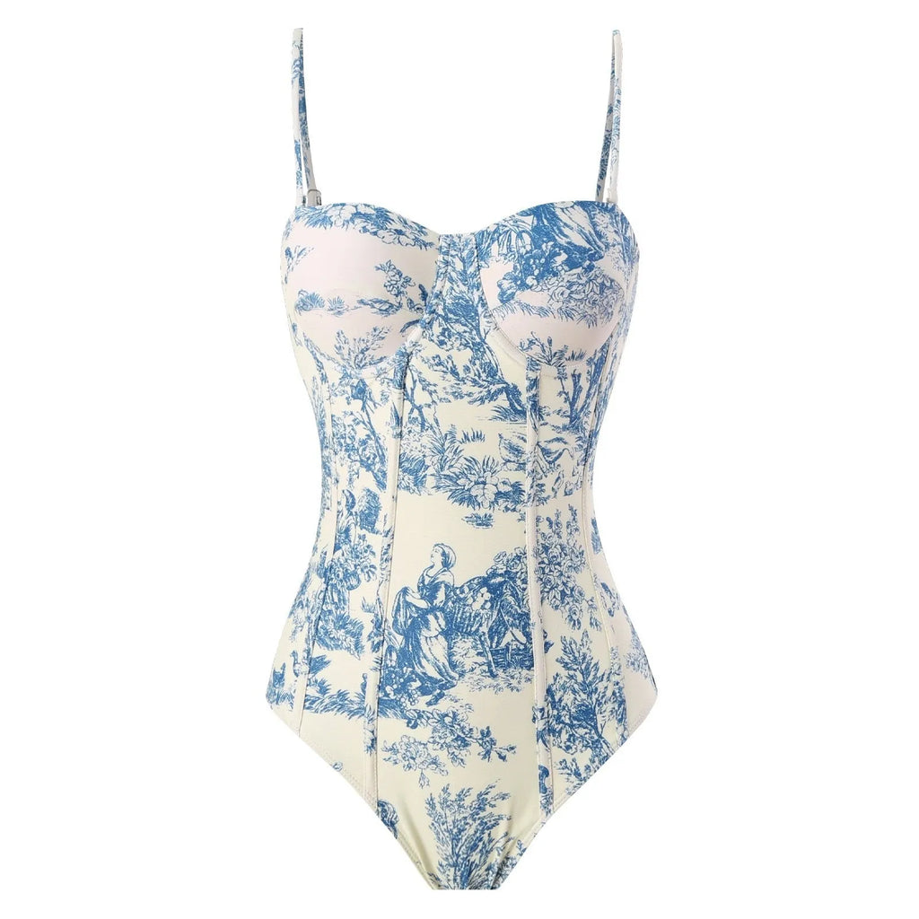 Blue women's one-piece swimsuit with detachable gauze skirt on size chart