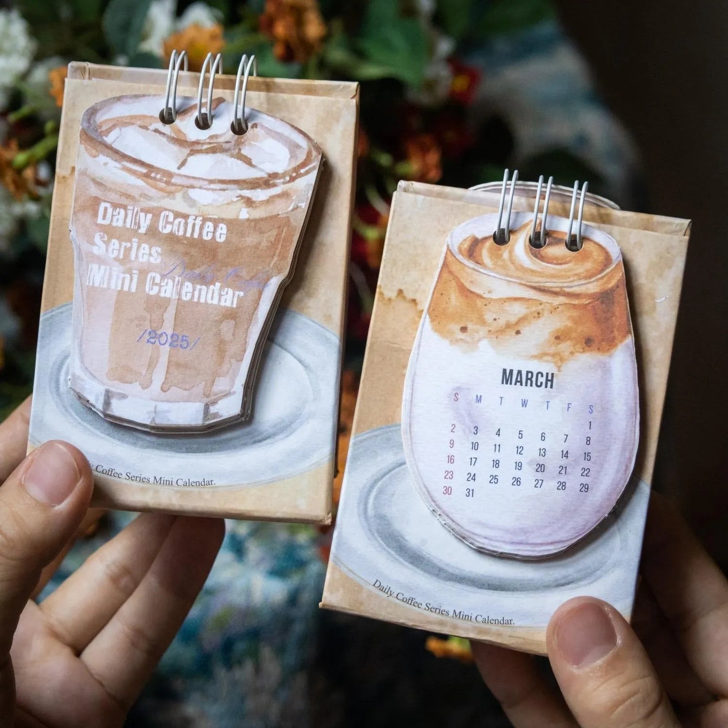 2025 mini desk calendar set showing four different paper calendar designs including Coffee Time theme