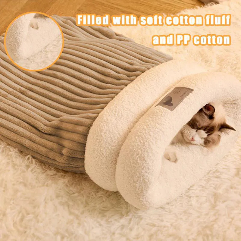 Brown grey white pet sleeping bag semi enclosed design for indoor cat dog use