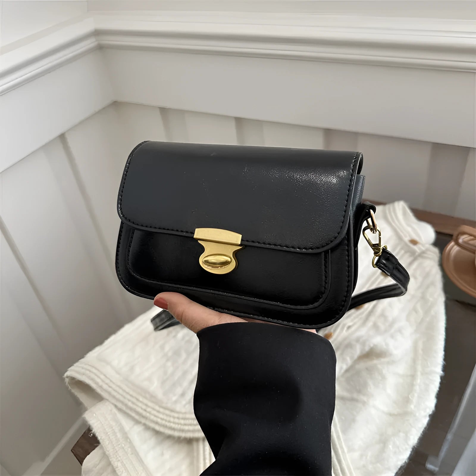 Soft PU leather retro small square handbag in black, brown, dark brown, or light brown.