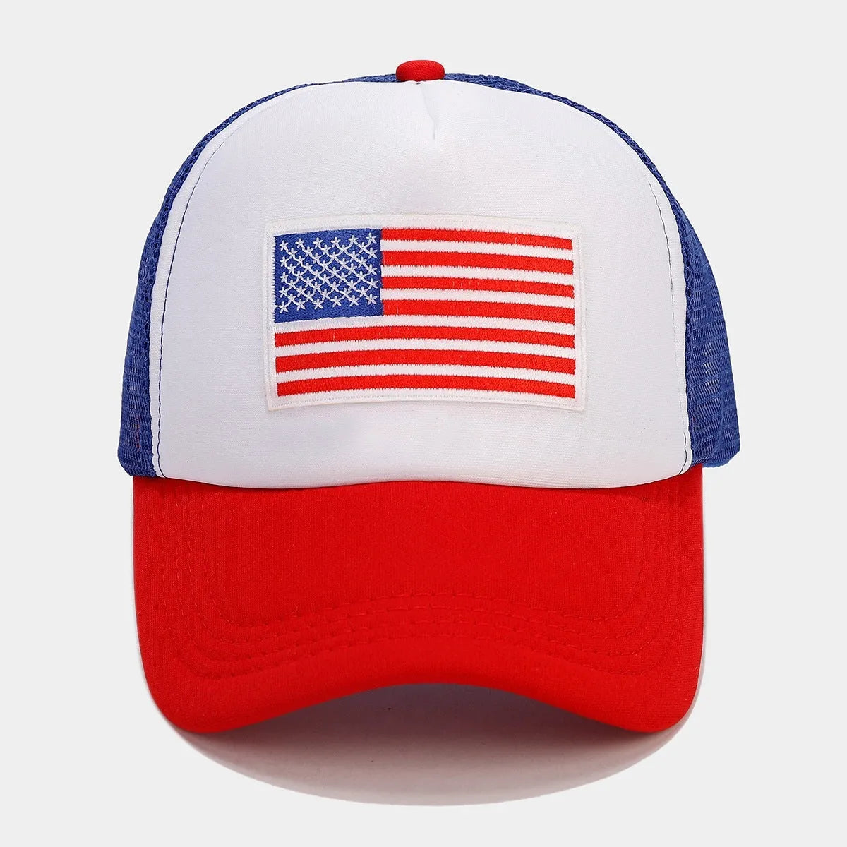 Red and blue mesh cotton baseball cap with adjustable strap and dome crown design