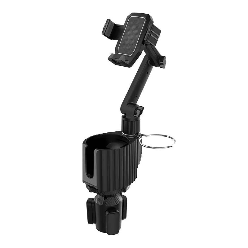Grey car drink holder and phone support bracket mounted on vehicle centre console