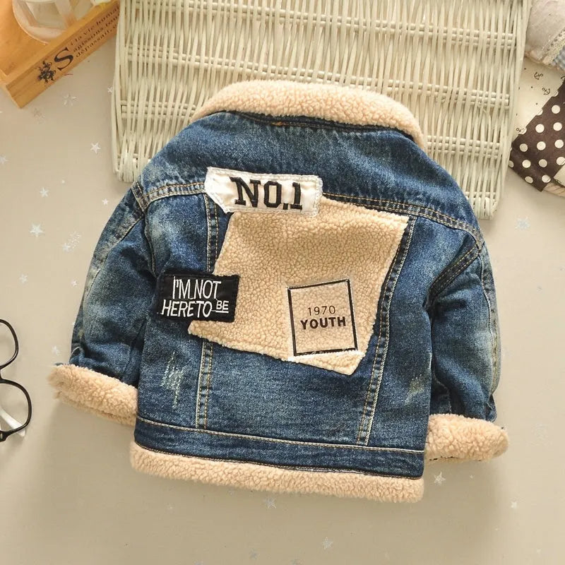 Children's baby thickened Korean style fur collar denim jacket in denim colour with square collar
