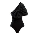 Black and white tube top bow one-piece swimsuit with high elasticity and quick-drying polyester lining
