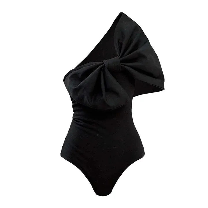Black and white tube top bow one-piece swimsuit with high elasticity and quick-drying polyester lining