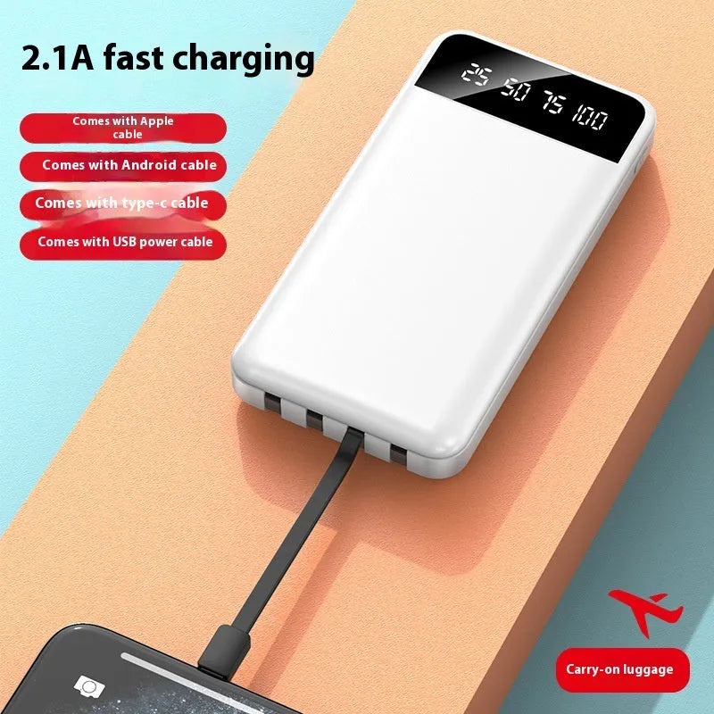 20000 mAh power bank with charging cable showing compact 140 x 71 x 17 mm dimensions and plastic shell construction