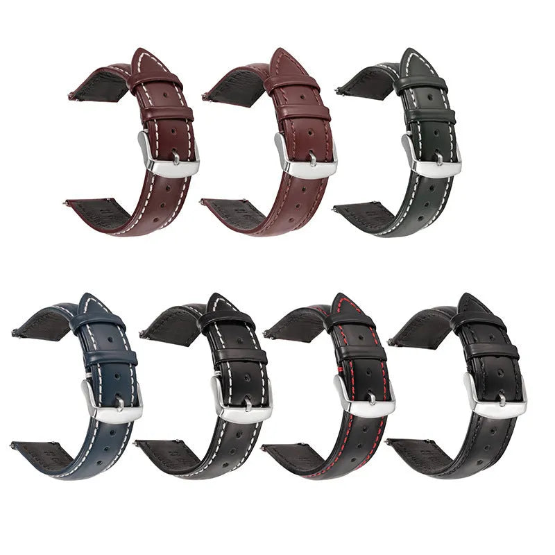 Quick release cowhide leather watch strap shown in black and dark brown colours on a watch case.