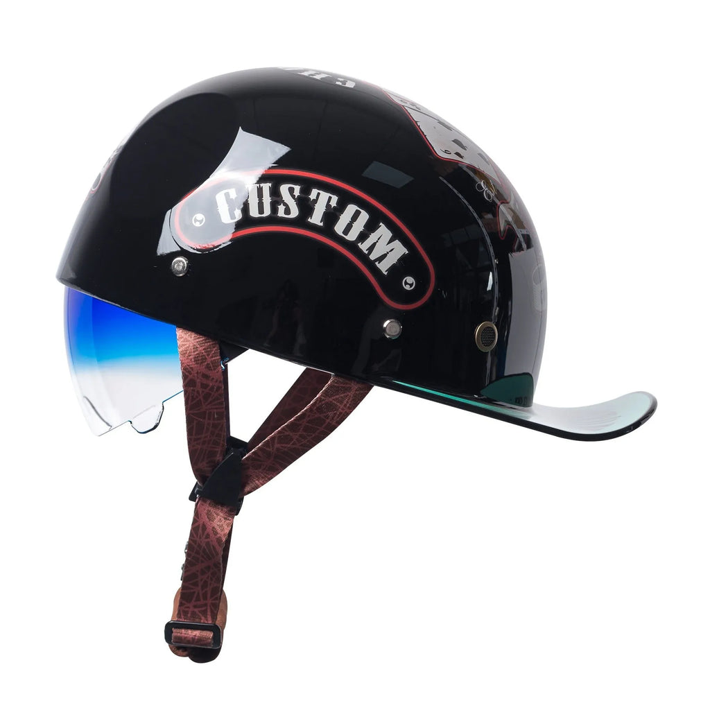 Retro black and gradient blue half helmet for electric bicycles with a blue lens.