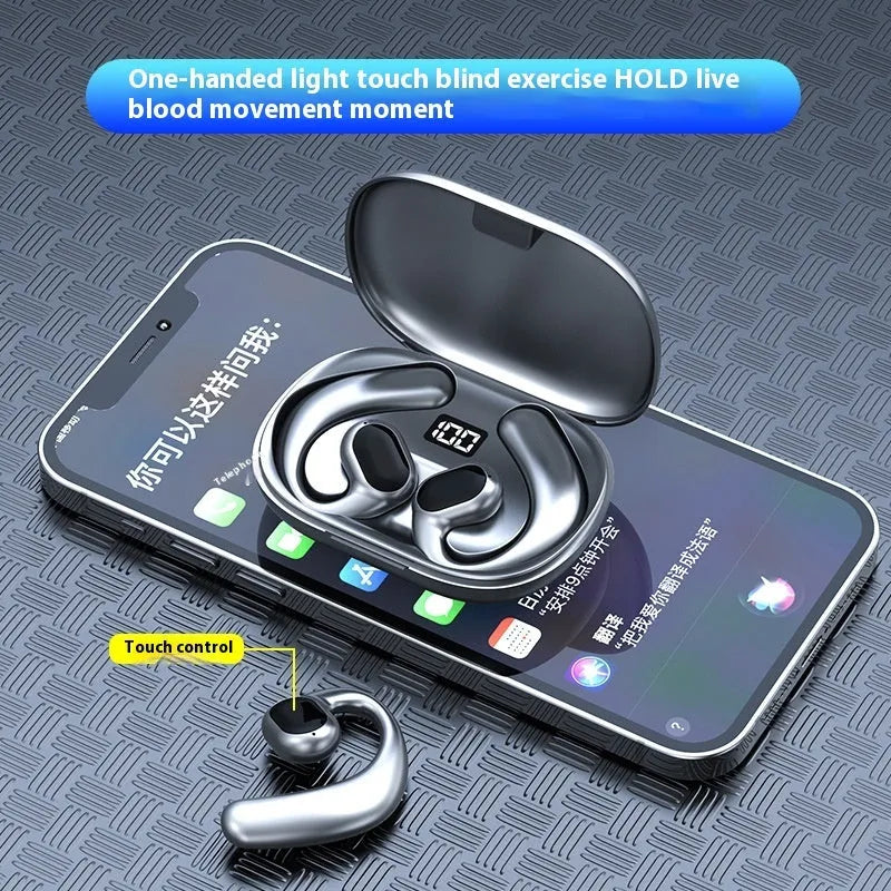Black and white ear-mounted Bluetooth headset with digital display screen on ear.