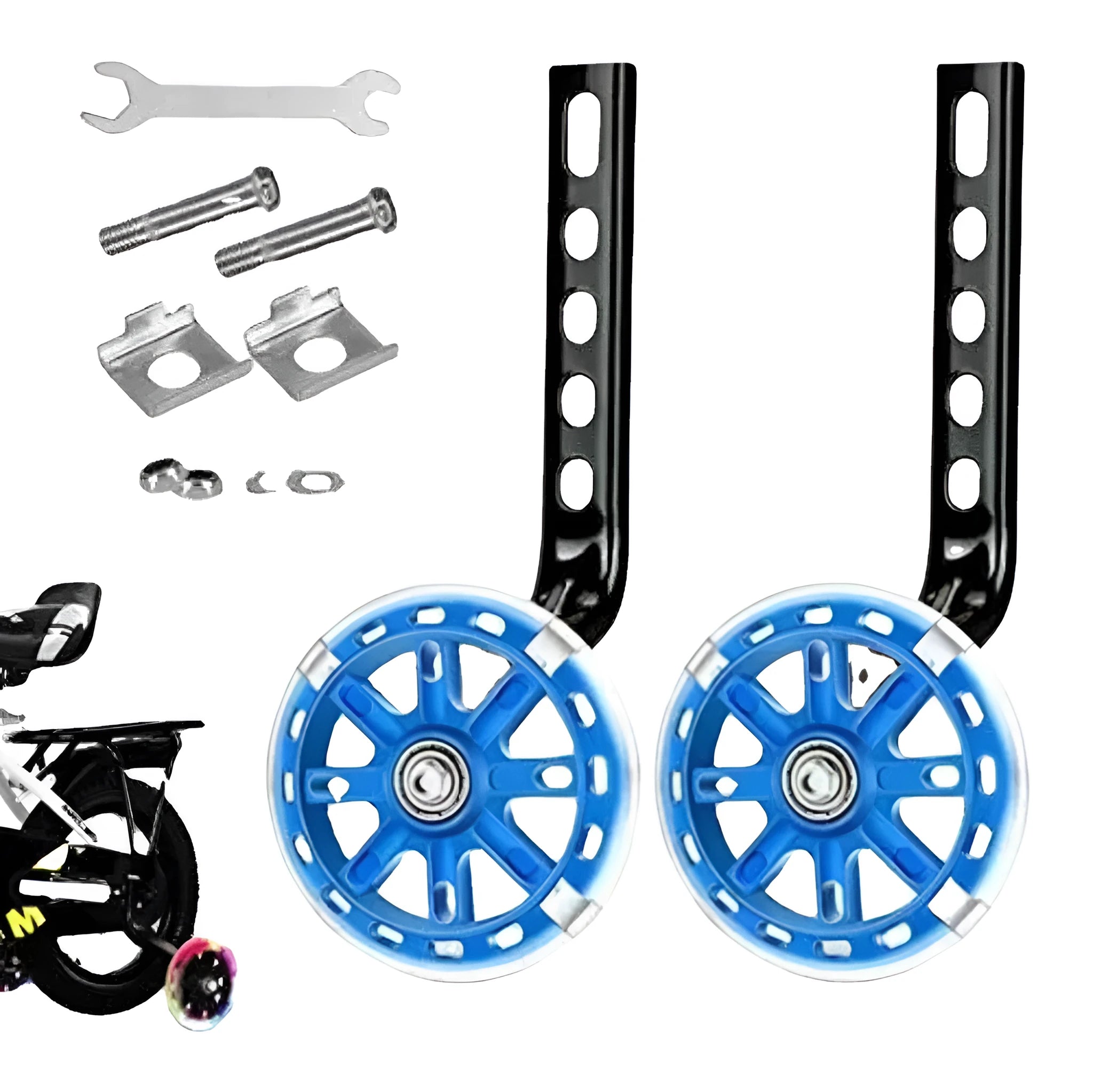 Children's bicycle training wheels kit with universal bracket, shown in assorted colours.