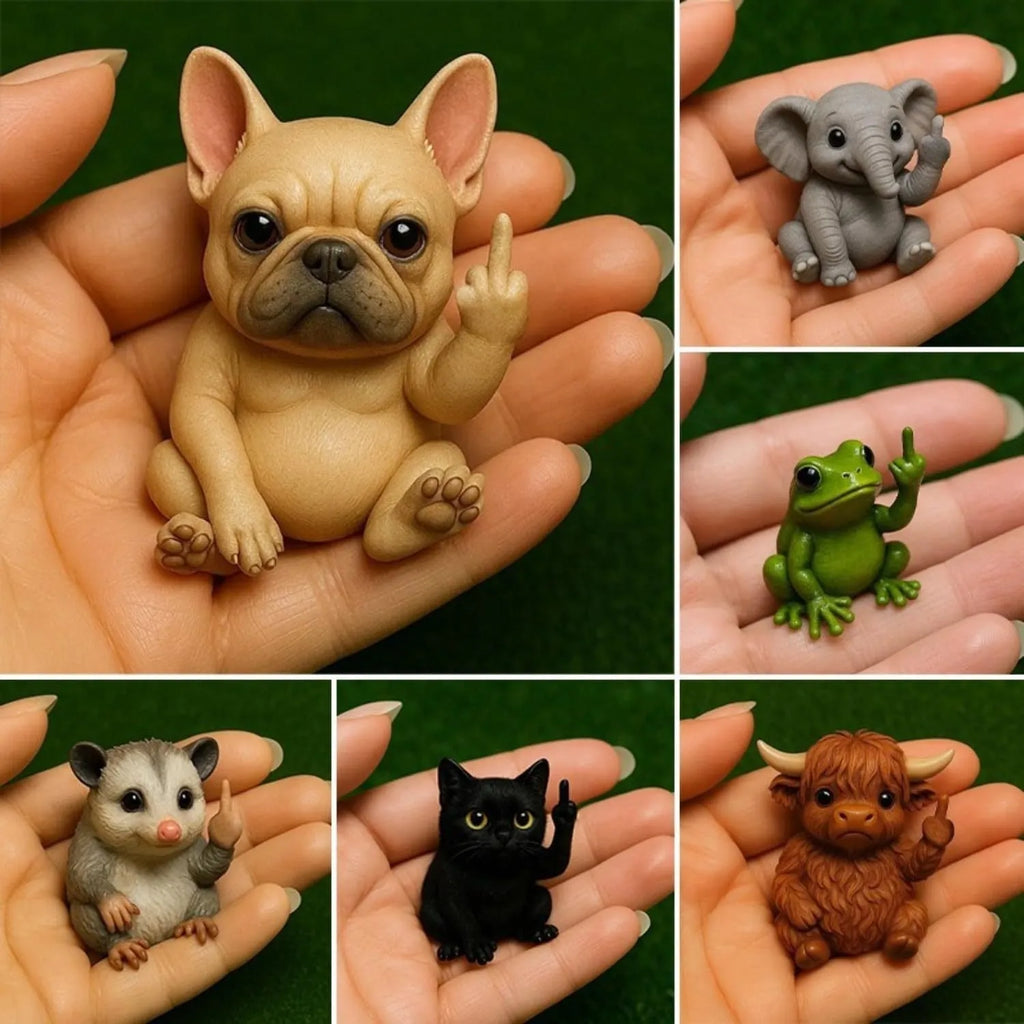 Mini plastic resin animal vertical middle finger doll ornament in one of seven animal styles.