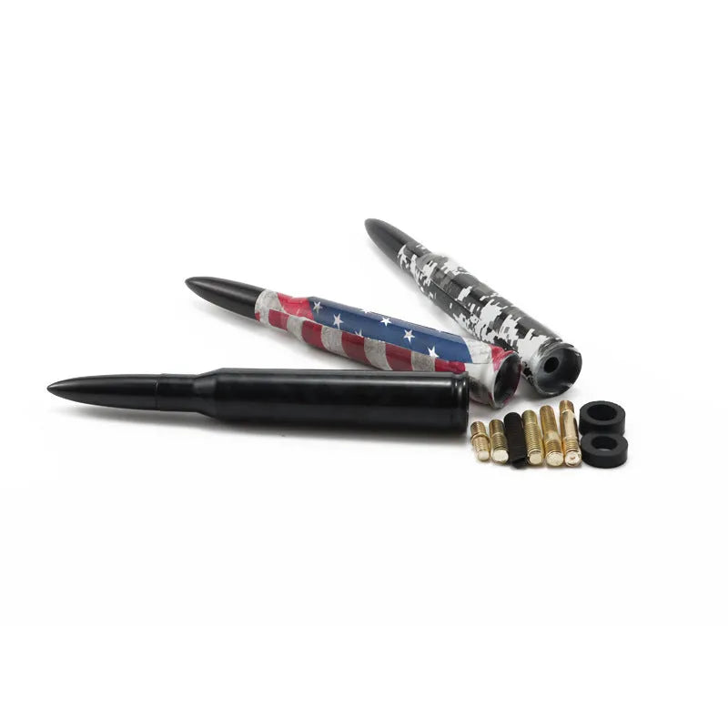 Bullet-style car antenna in black, camouflage green, and American flag designs, length 14cm.