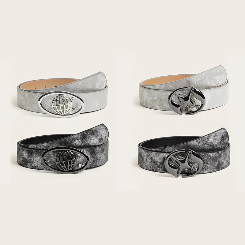 Retro women's thick belt with oval alloy buckle in grey and silver white colour options