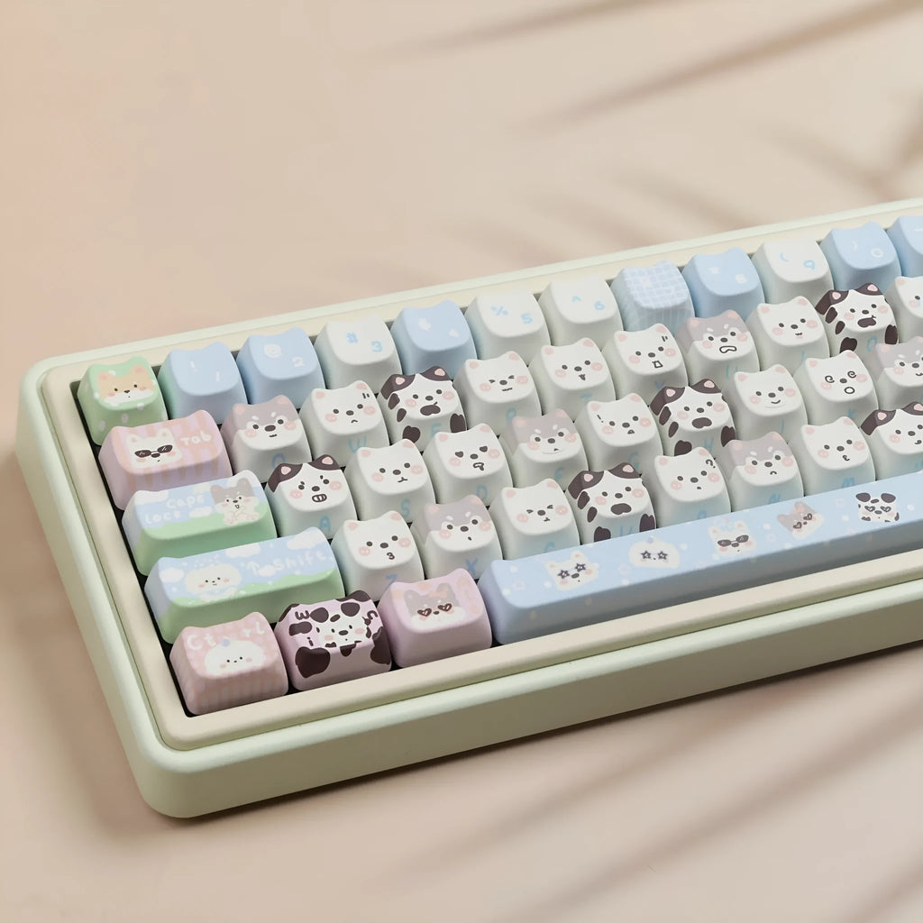 Full set of PBT key caps with colourful cat and puppy designs for mechanical keyboards