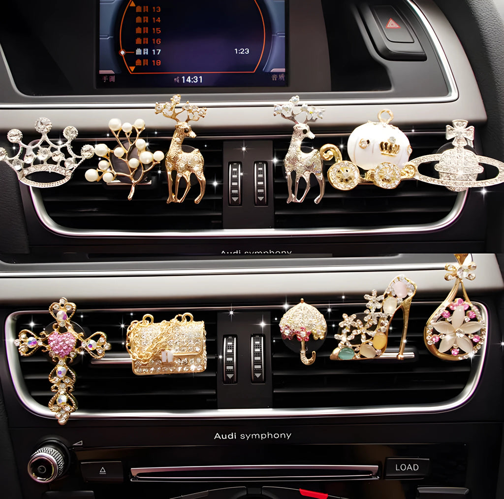 Alloy car fragrance clip for air vent in cartoon design options like crown and pumpkin car.