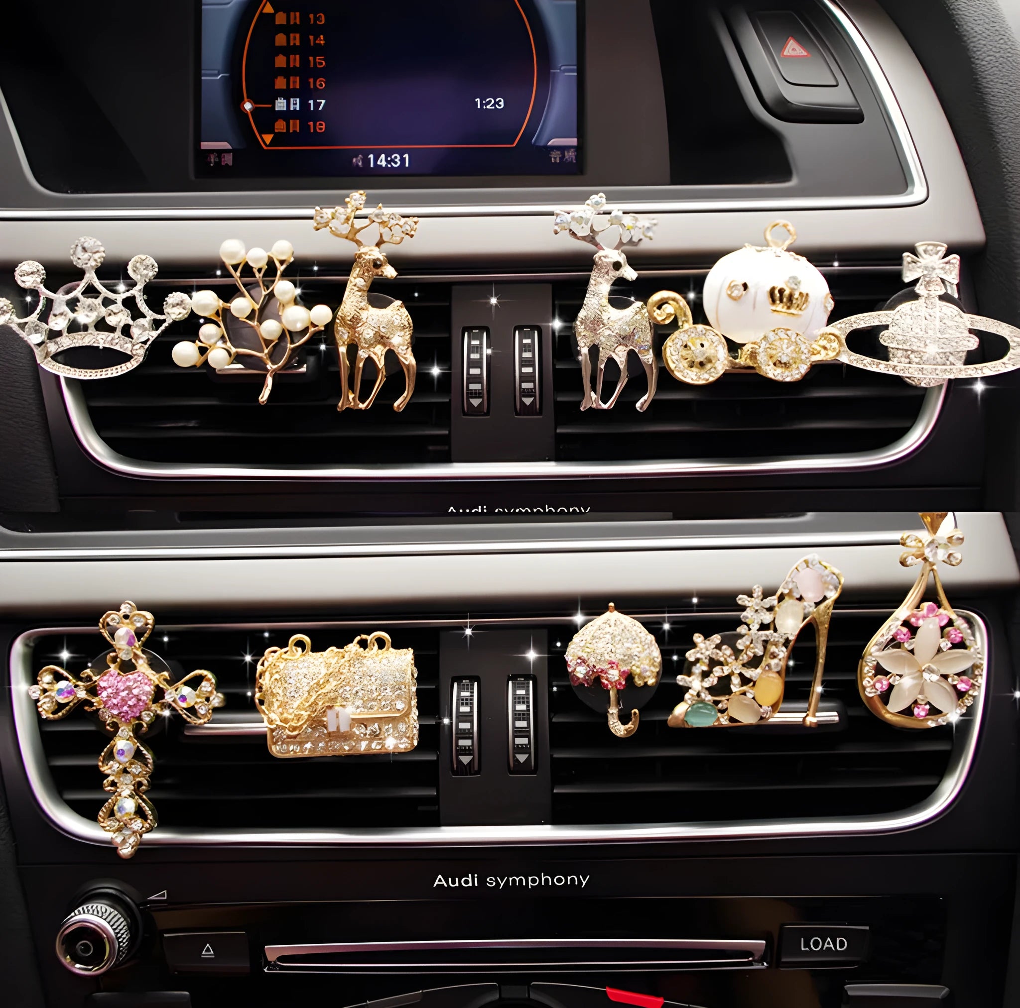 Alloy car fragrance clip for air vent in cartoon design options like crown and pumpkin car.