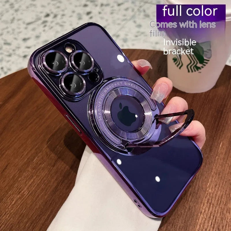 Transparent magnetic iPhone case with integrated pull rod bracket extended, showing dark purple colour and electroplated finish