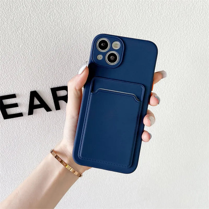 Sky blue colour-blocking silicone iPhone case with a visible card slot on the back